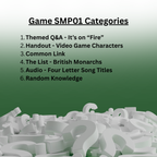 A digital graphic titled 'Game SMP01 Categories' listing six quiz categories on a green gradient background with white 3D question marks in the foreground.