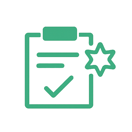 Green icon of a checklist with a star and check mark