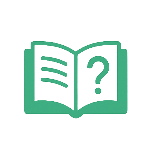 Green icon of an open book with a question mark